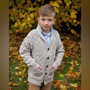 Aran Crafts Boys Shawl Collar Cardigan Sz 4-5 Pockets Fisherman Sweater Wool